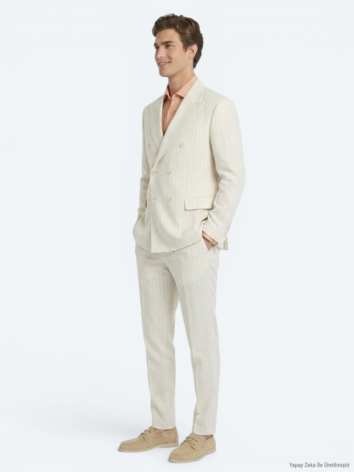 Bej Çizgili Modern Fit Pamuk Karışımlı Takım Elbise