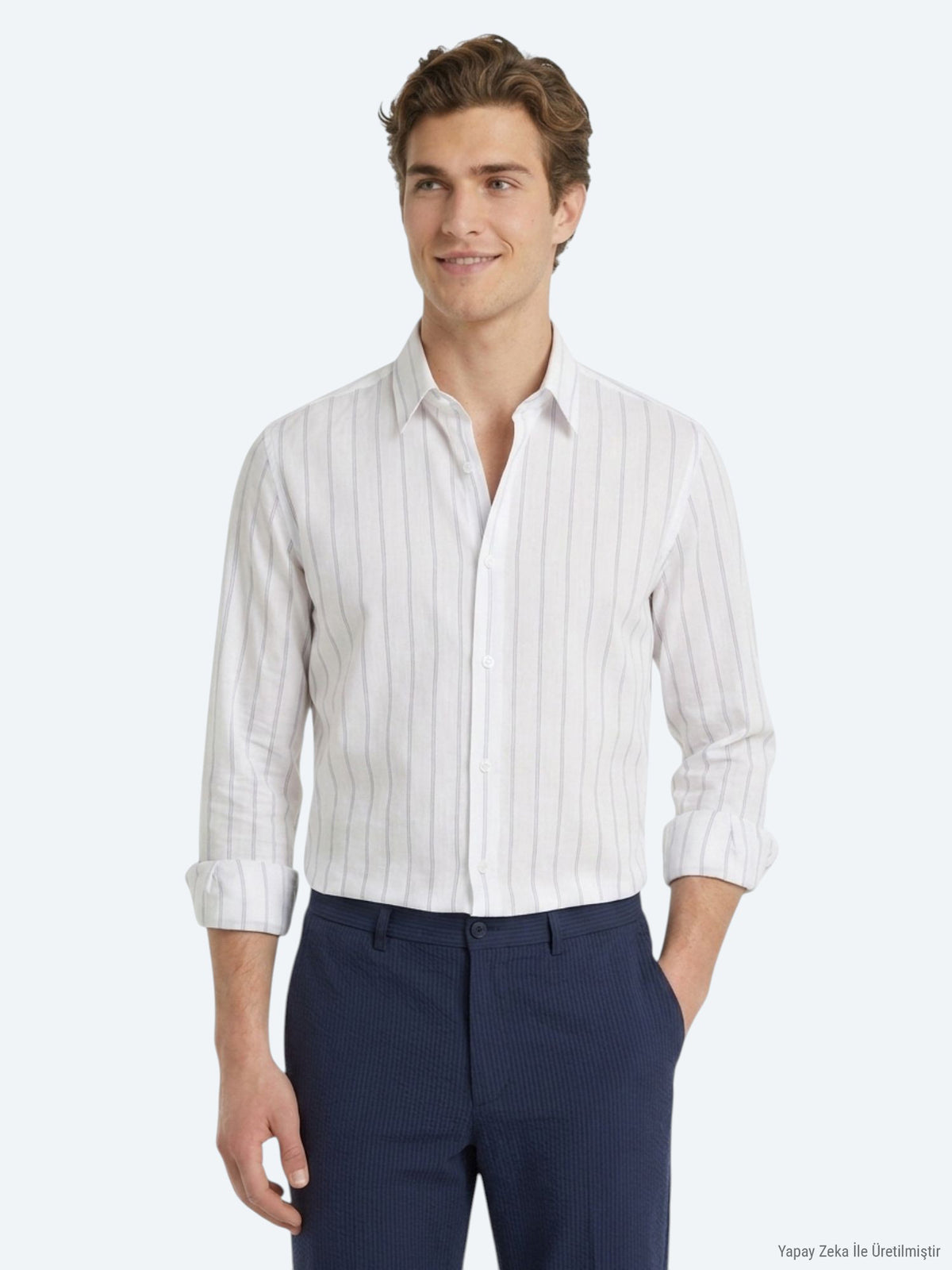 Açık Mavi Çizgili Regular Fit Uzun Dokuma Casual Pamuk Karışımlı Gömlek