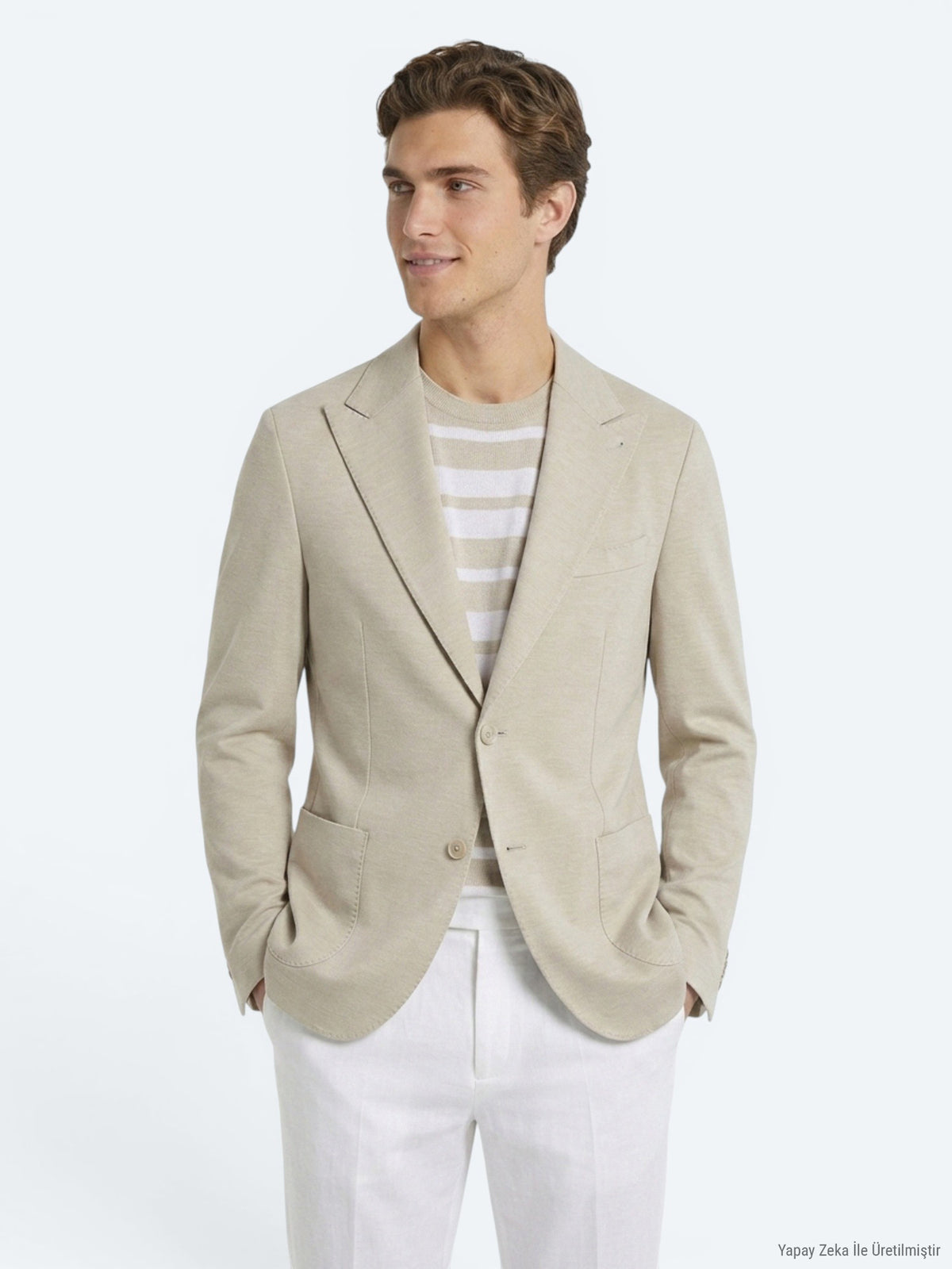 Bej Düz Modern Fit Pamuk Karışımlı Örme Ceket