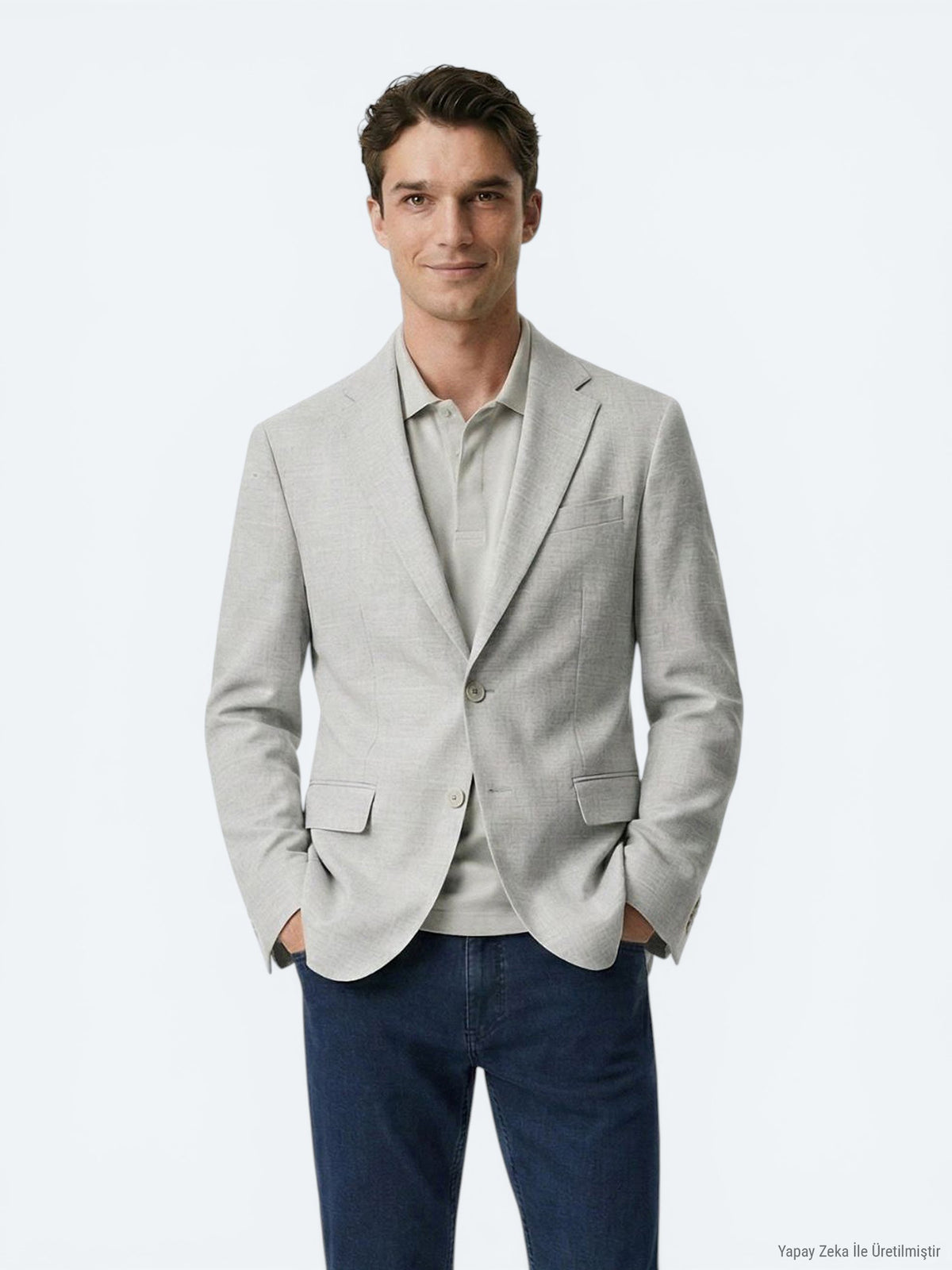 Bej Desenli Modern Fit Keten Karışımlı Ceket