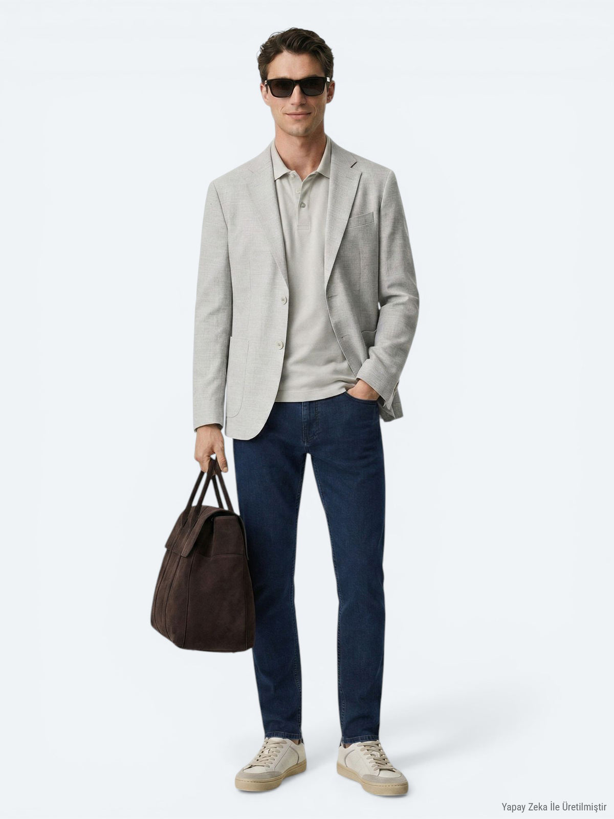 Bej Desenli Modern Fit Keten Karışımlı Ceket