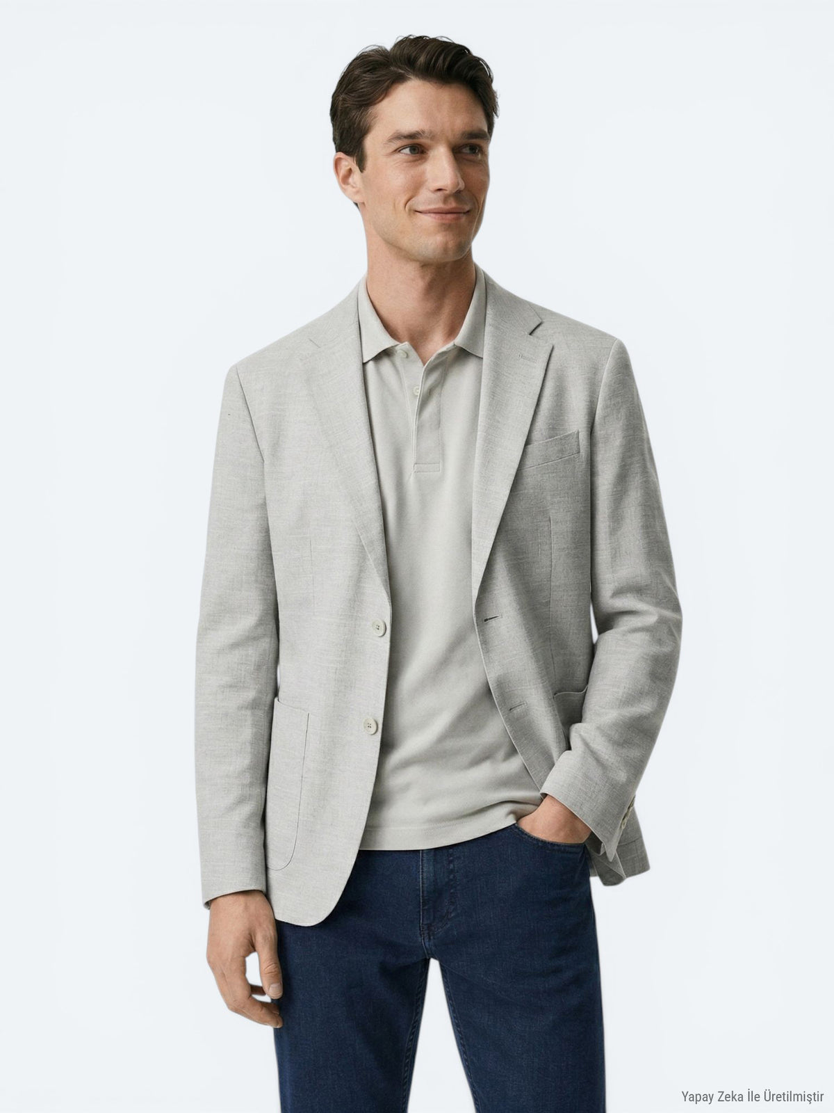 Bej Desenli Modern Fit Keten Karışımlı Ceket