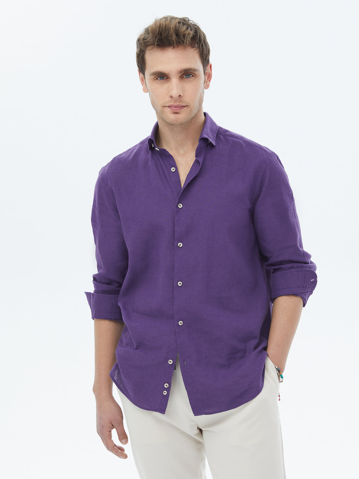 Mor Düz Regular Fit Uzun Dokuma Casual Pamuk Karışımlı Gömlek