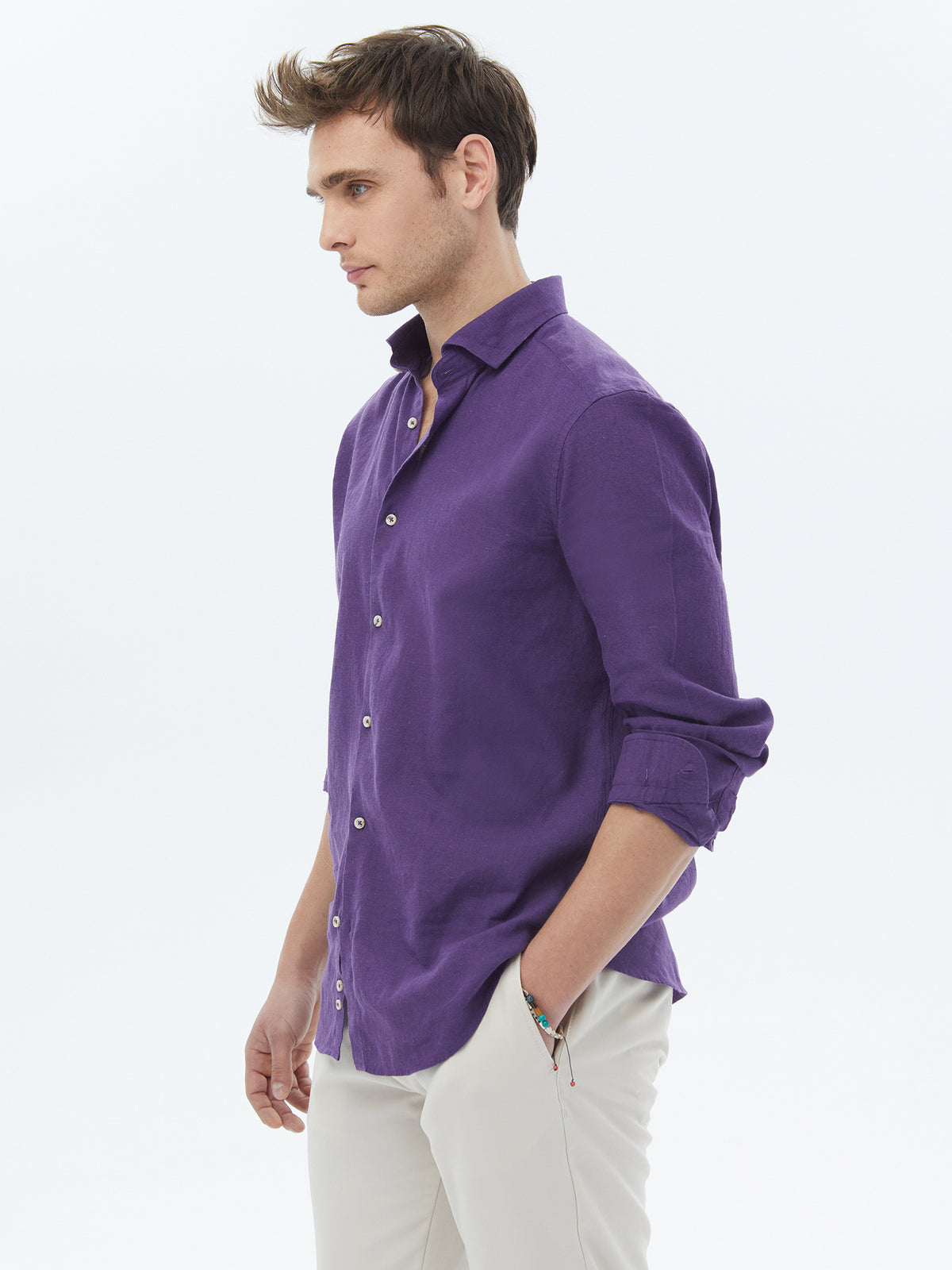 Mor Düz Regular Fit Uzun Dokuma Casual Pamuk Karışımlı Gömlek