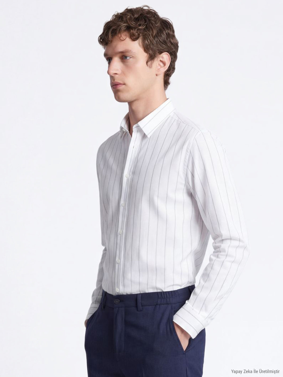 Beyaz Çizgili Regular Fit Uzun Dokuma Casual Pamuk Karışımlı Gömlek