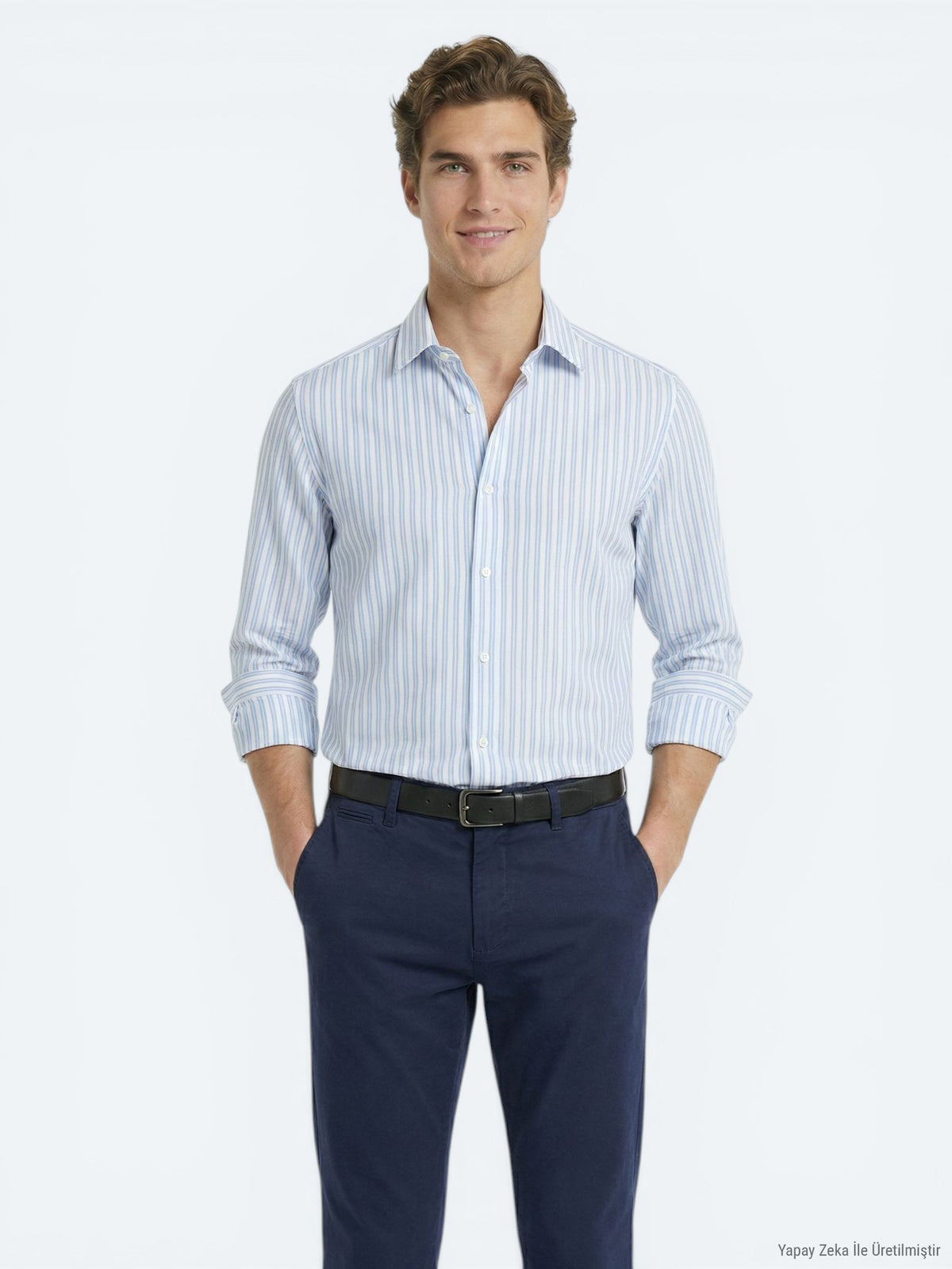 Açık Mavi Çizgili Regular Fit Uzun Casual Gömlek