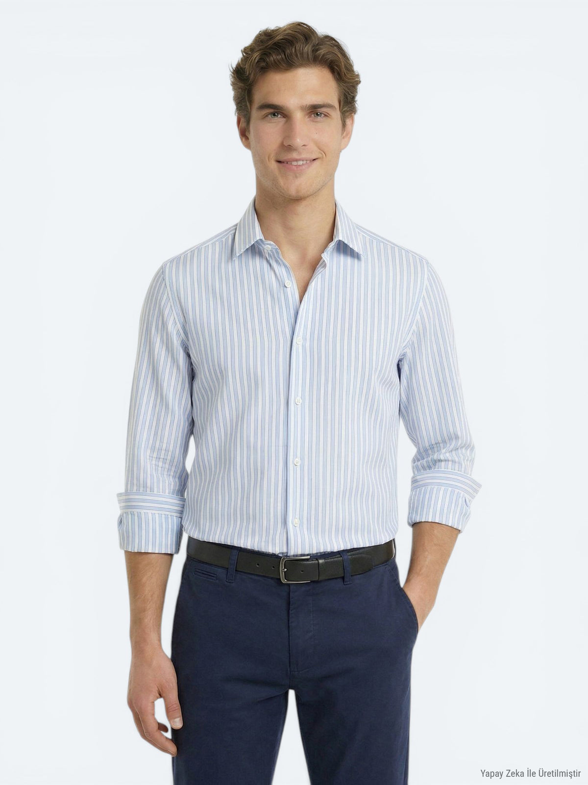 Açık Mavi Çizgili Regular Fit Uzun Casual Gömlek