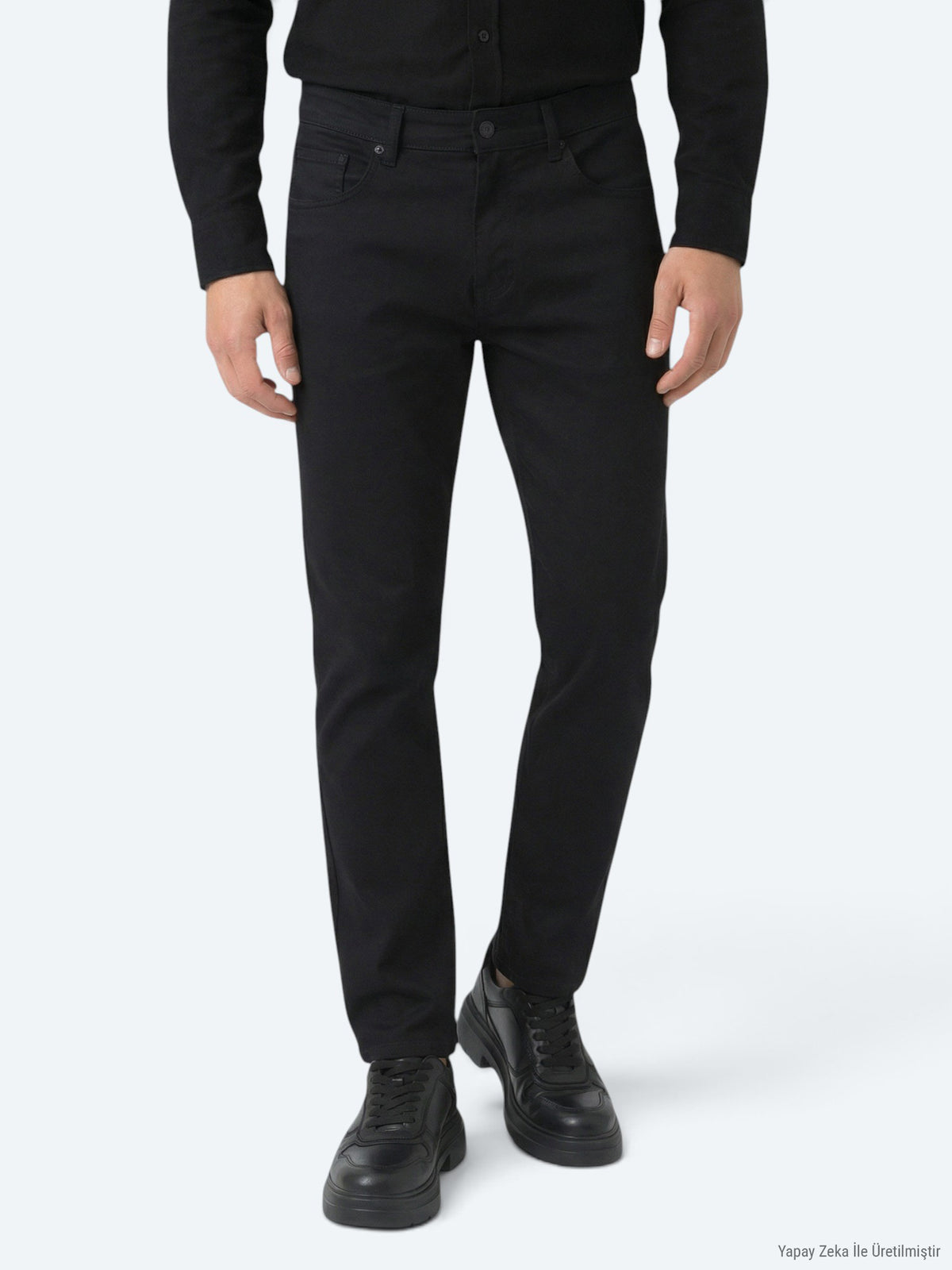 Siyah Düz Dokuma Slim Fit Spor Pamuk Karışımlı Pantolon