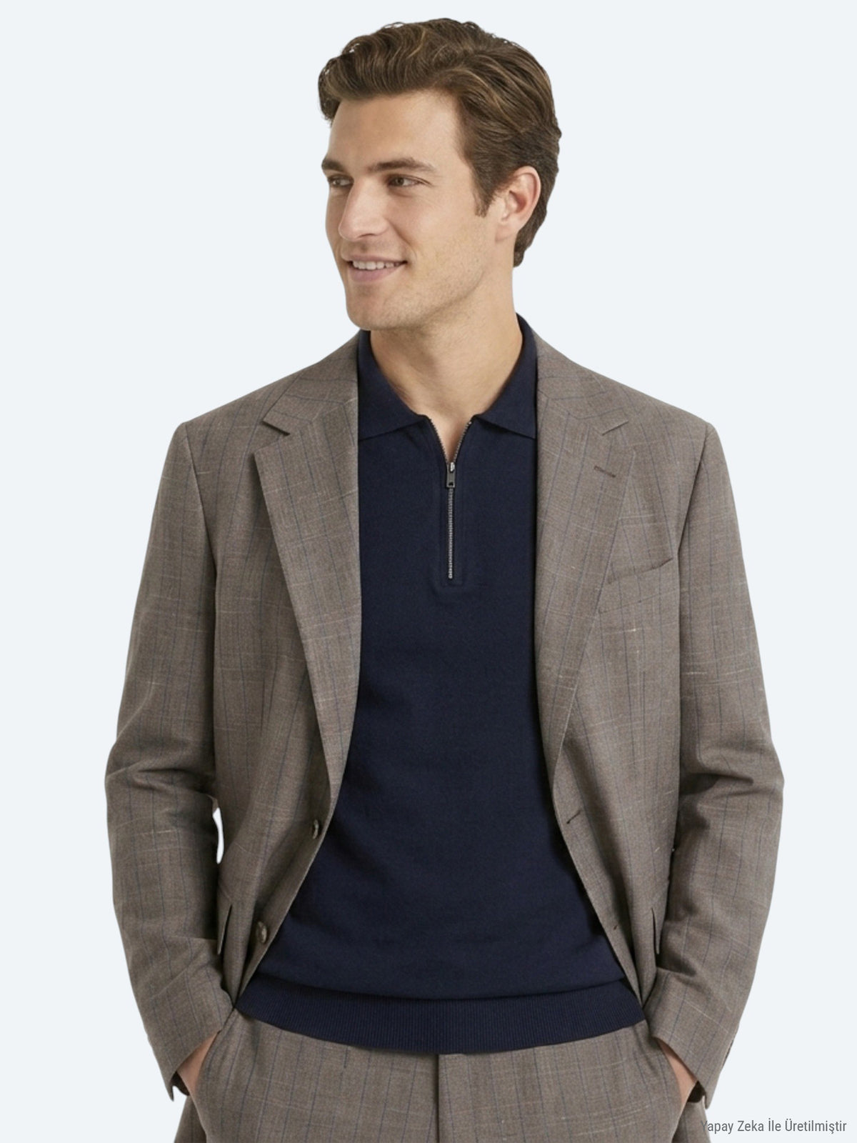 Vizon Çizgili Modern Fit İpek Karışımlı Takım Elbise