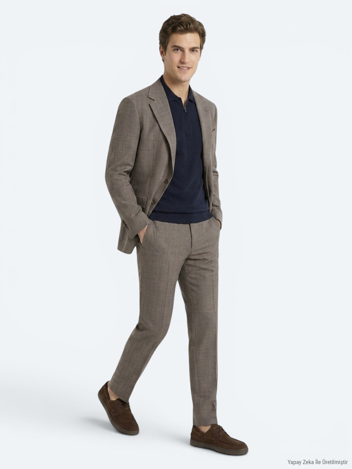 Vizon Çizgili Modern Fit İpek Karışımlı Takım Elbise