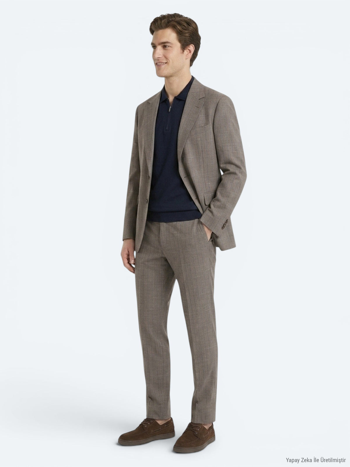 Vizon Çizgili Modern Fit İpek Karışımlı Takım Elbise