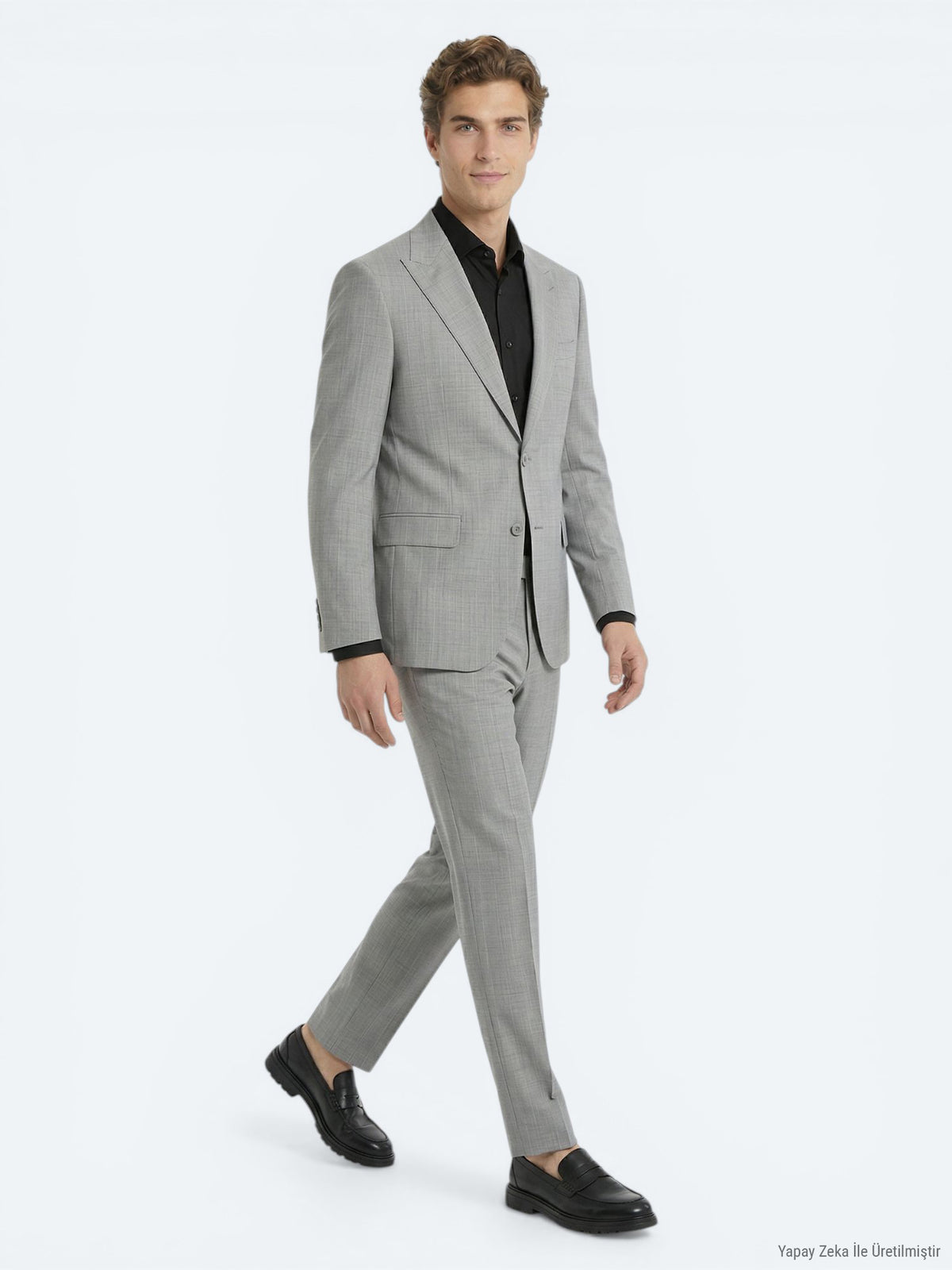 Gri Çizgili Modern Fit Yün Karışımlı Takım Elbise