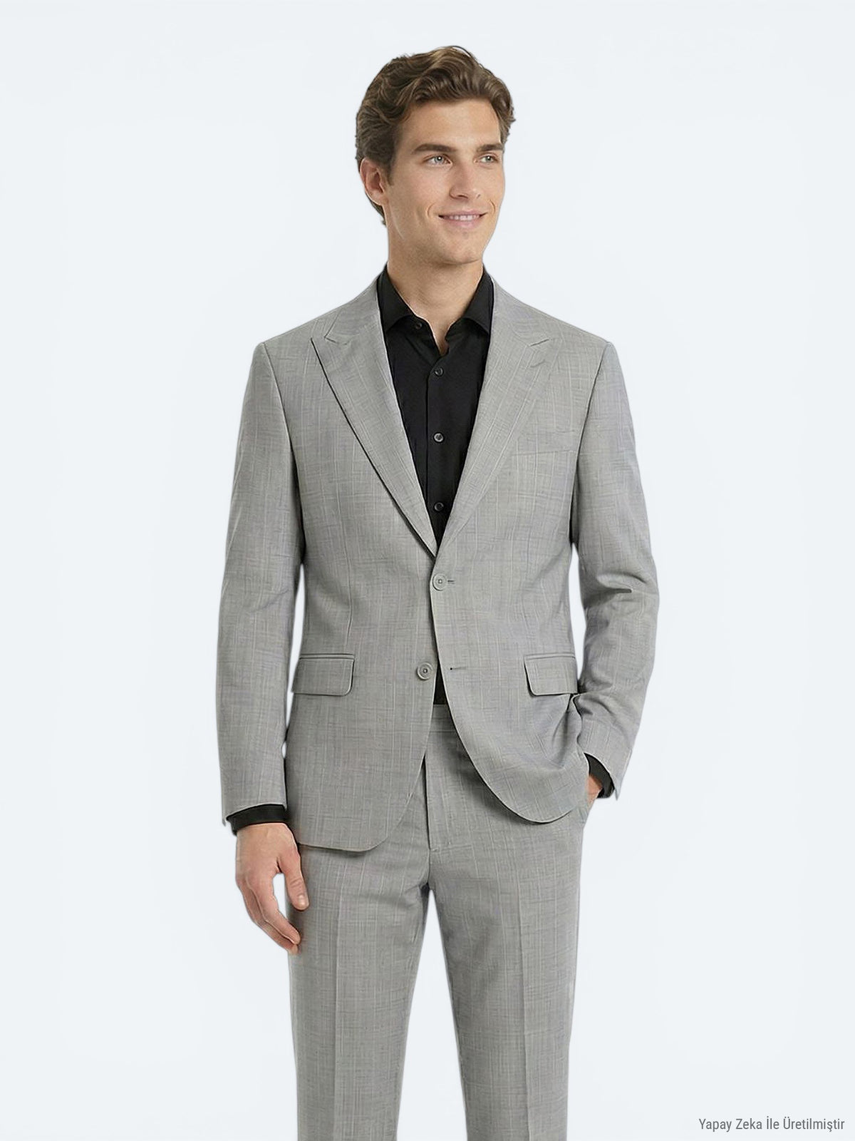 Gri Çizgili Modern Fit Yün Karışımlı Takım Elbise