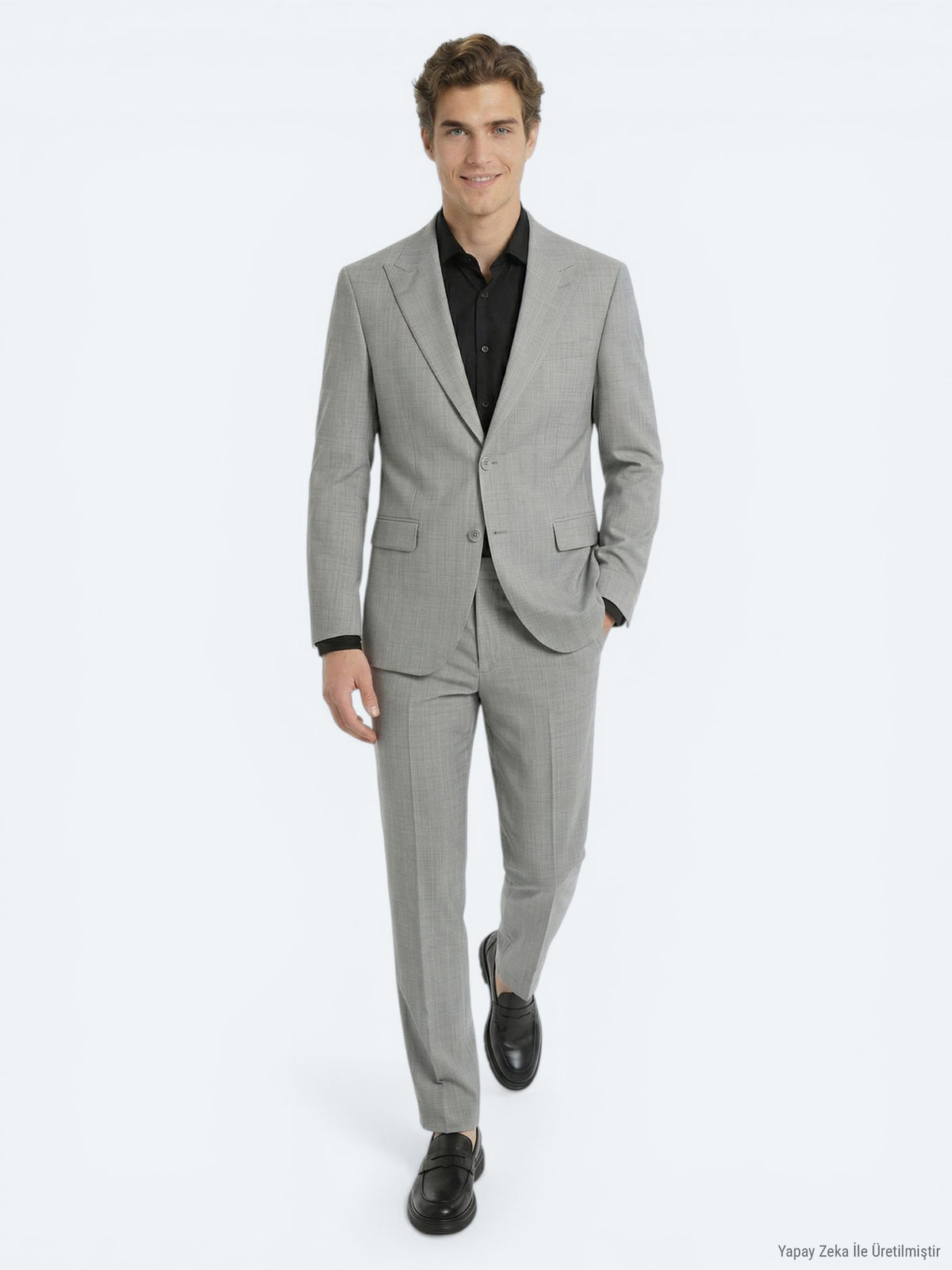 Gri Çizgili Modern Fit Yün Karışımlı Takım Elbise