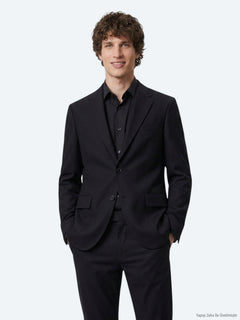 Siyah Mikro Modern Fit %100 Yün Ceket