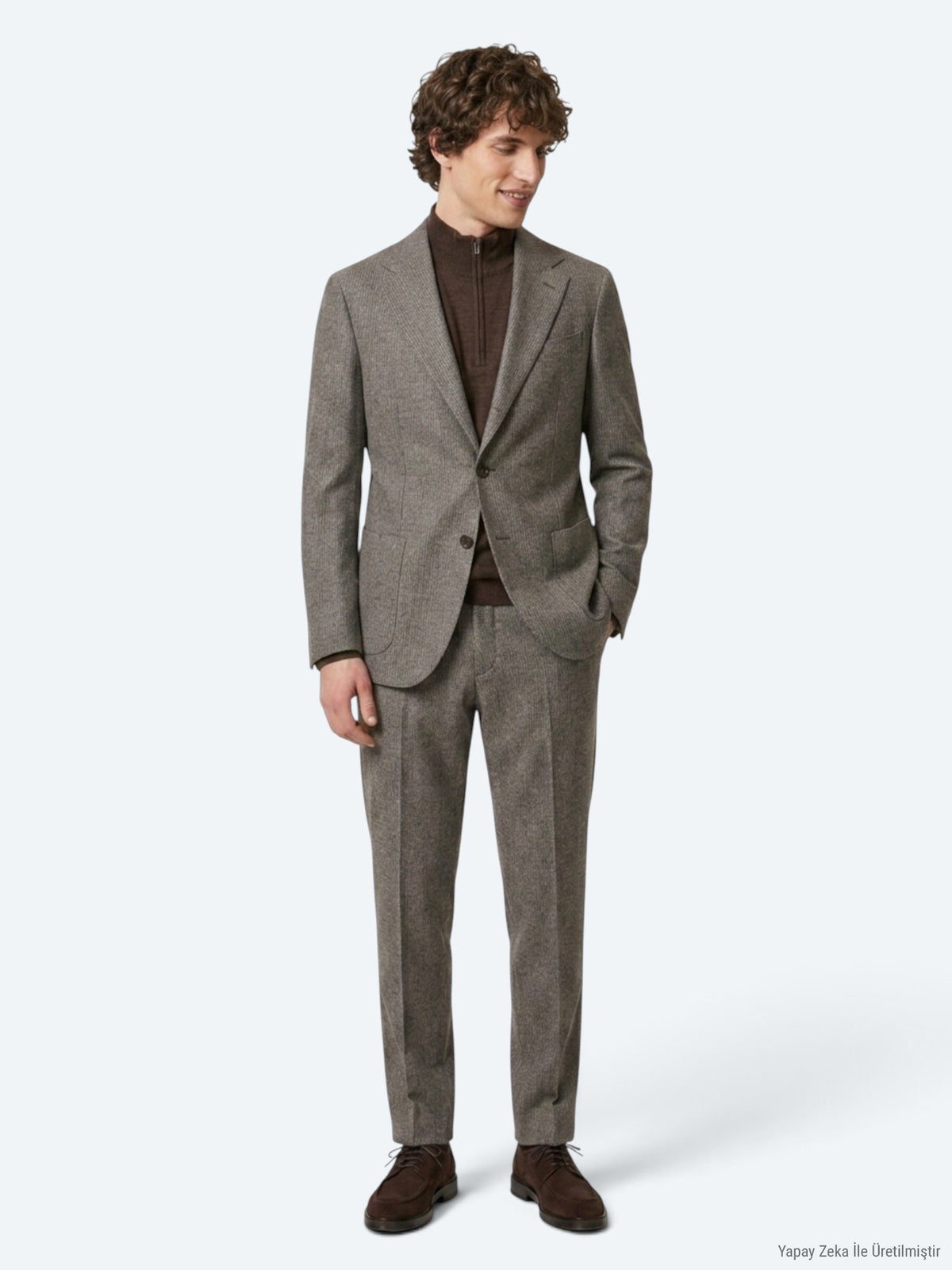 Açık Kahve Çizgili Modern Fit Yün Karışımlı Takım Elbise