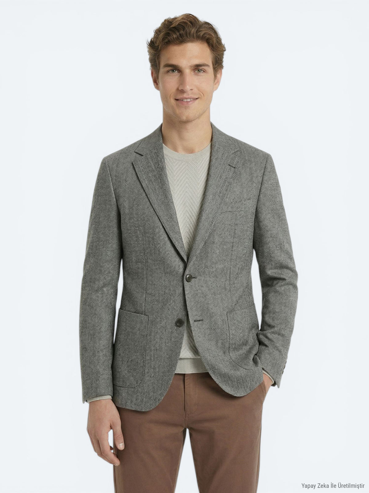 Haki Desenli Modern Fit Keten Karışımlı Ceket