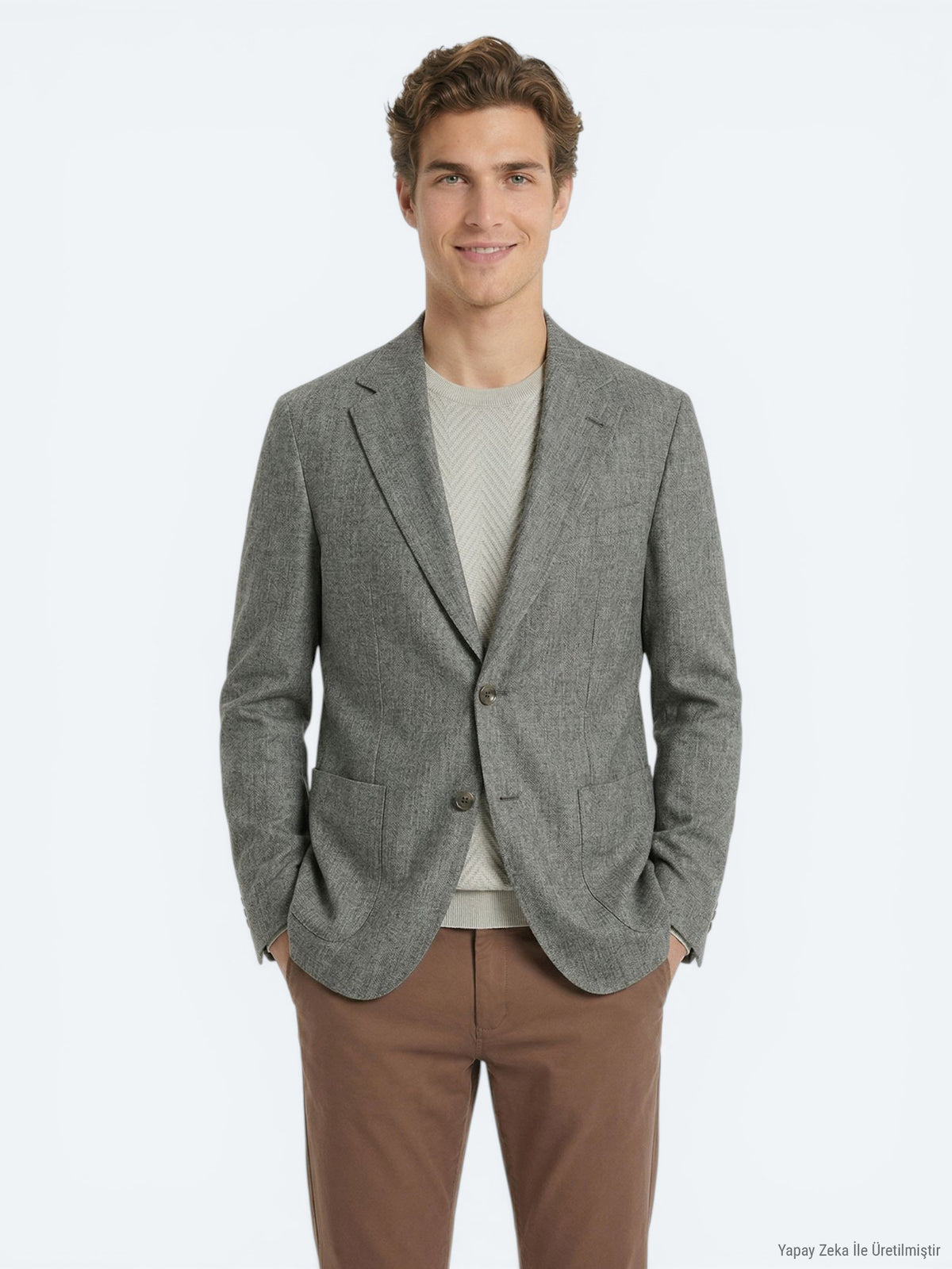 Haki Desenli Modern Fit Keten Karışımlı Ceket