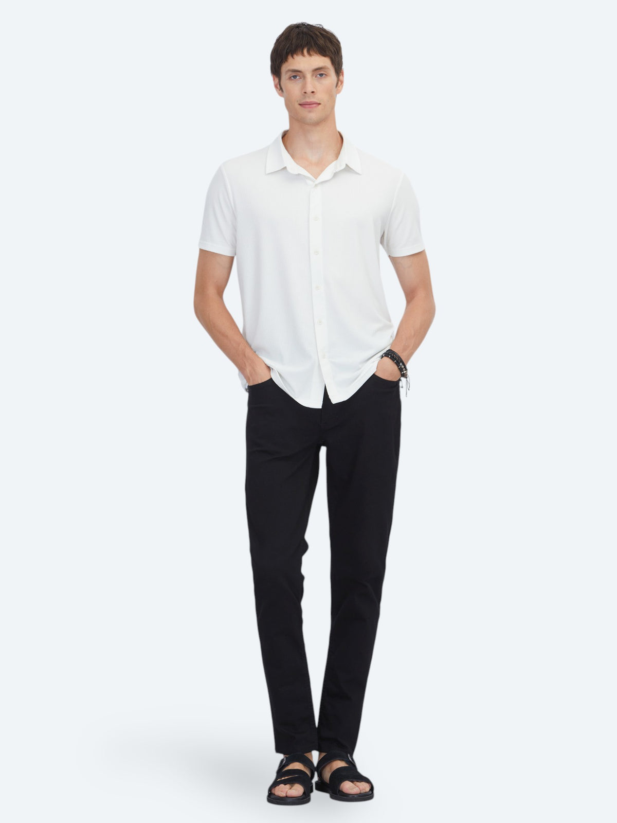 Beyaz Çizgili Regular Fit Kısa Casual Gömlek