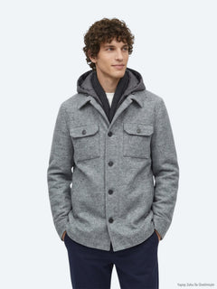 Gri Regular Fit Kapüşonlu Smart Casual Dokuma Mont