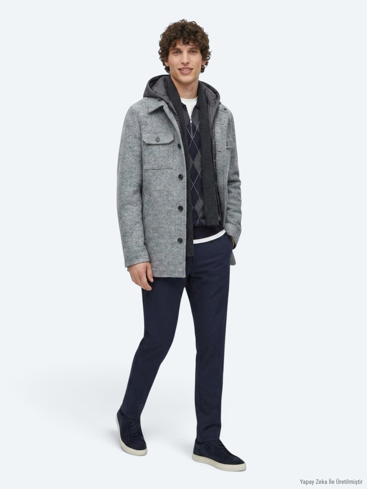 Gri Regular Fit Kapüşonlu Smart Casual Dokuma Mont