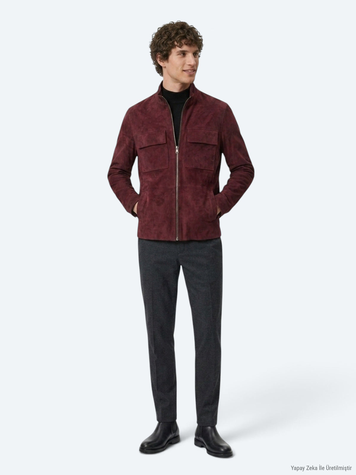 Bordo Regular Fit Dik Yaka Casual Süet Deri Mont