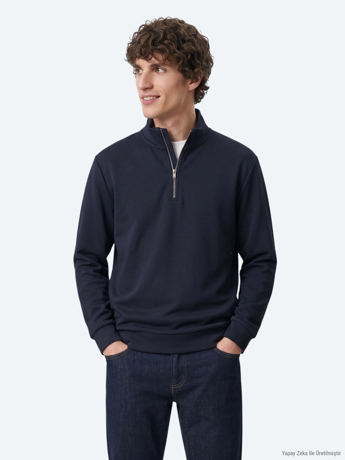 Lacivert Dik Yaka Düz Sweatshirt