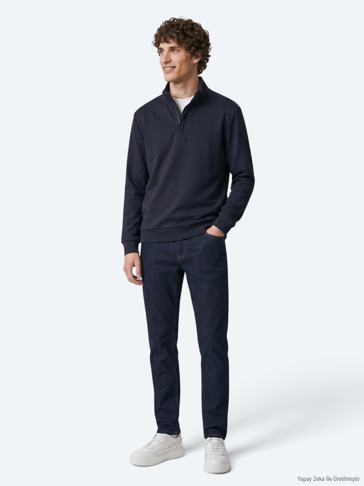 Lacivert Dik Yaka Düz Sweatshirt