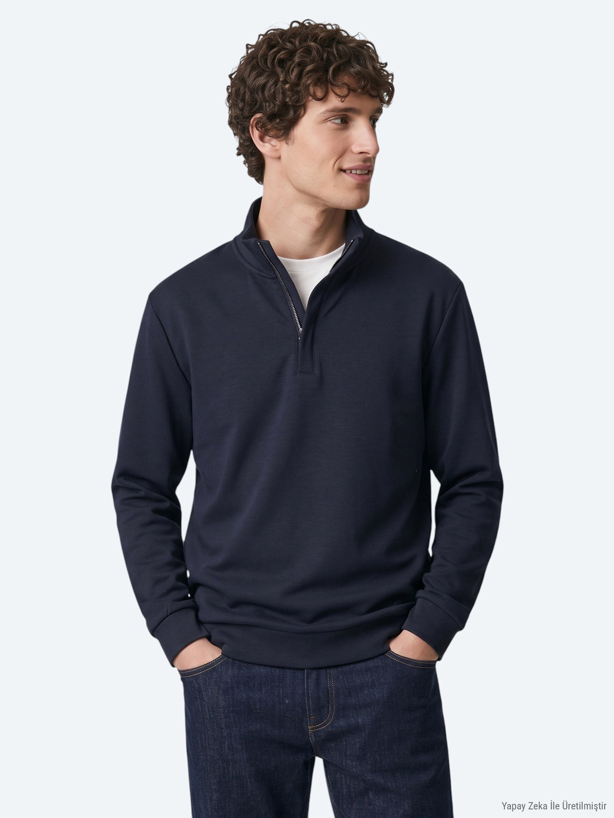 Lacivert Dik Yaka Düz Sweatshirt