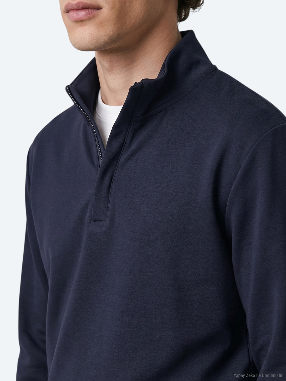 Lacivert Dik Yaka Düz Sweatshirt