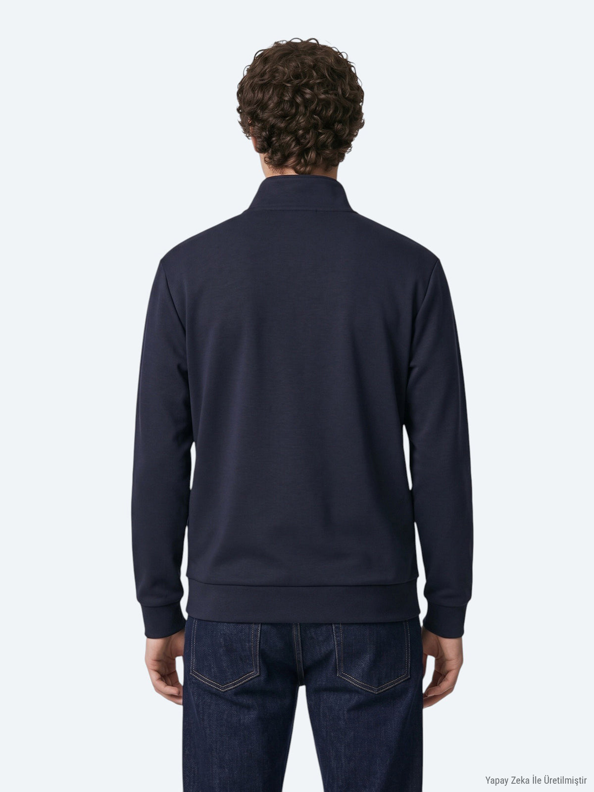 Lacivert Dik Yaka Düz Sweatshirt