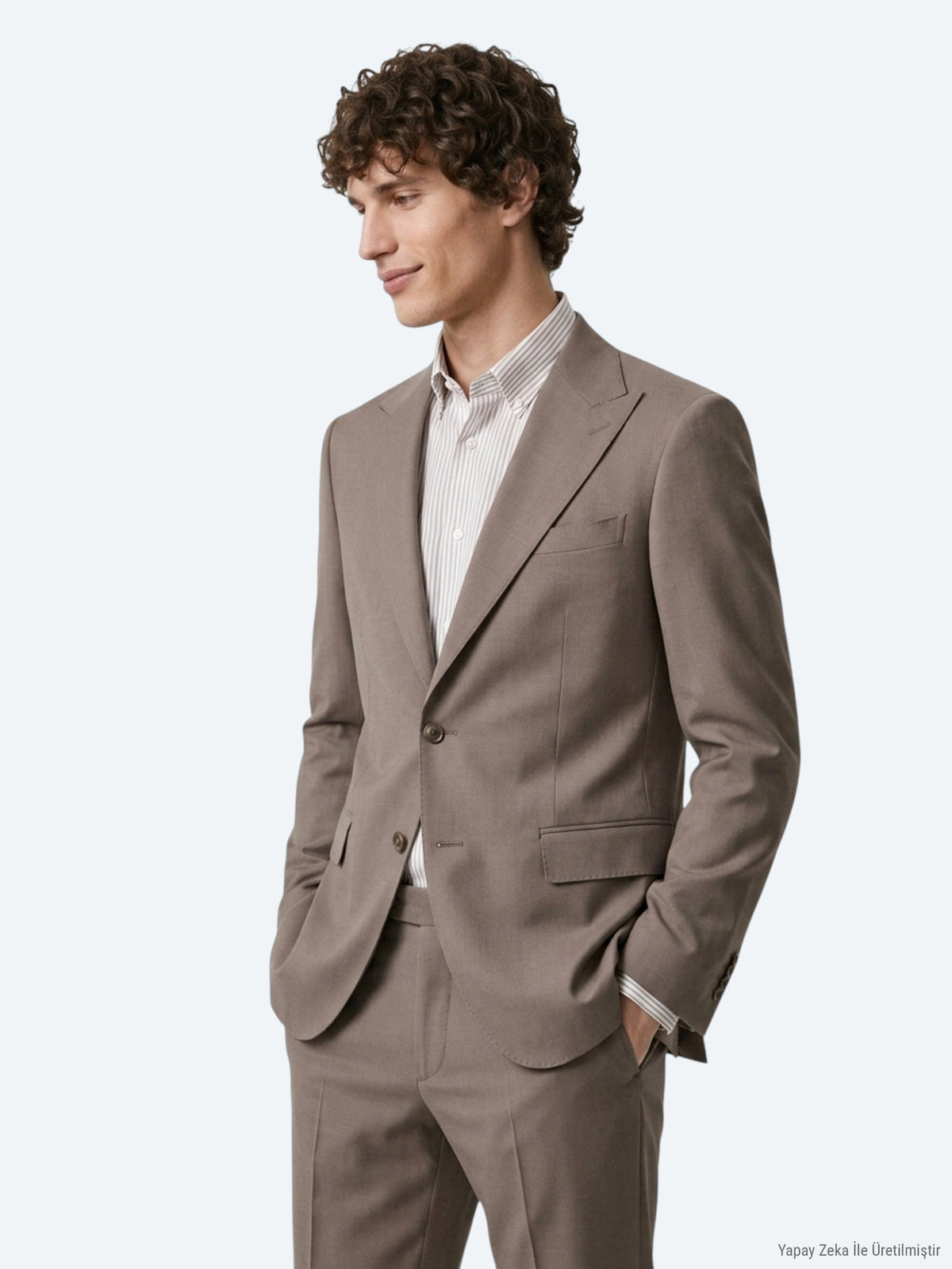Haki Çizgili Modern Fit Yün Karışımlı Takım Elbise
