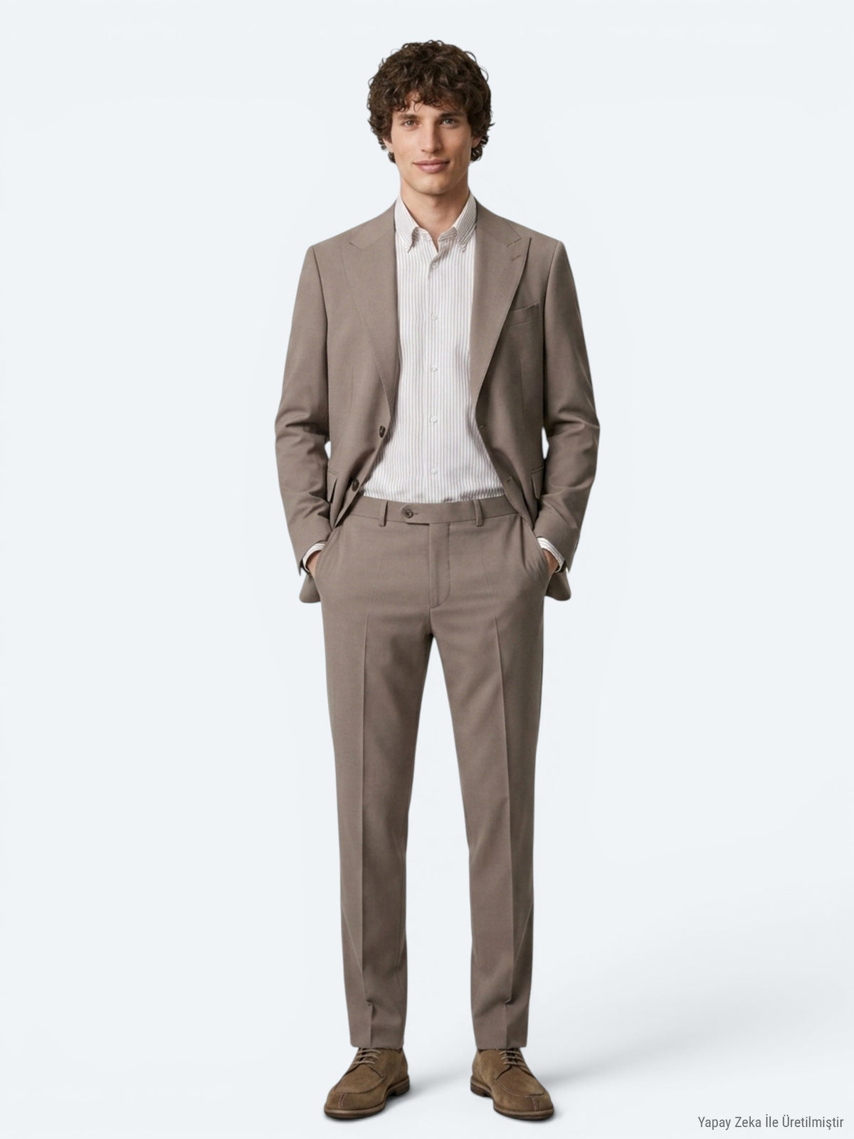 Haki Çizgili Modern Fit Yün Karışımlı Takım Elbise