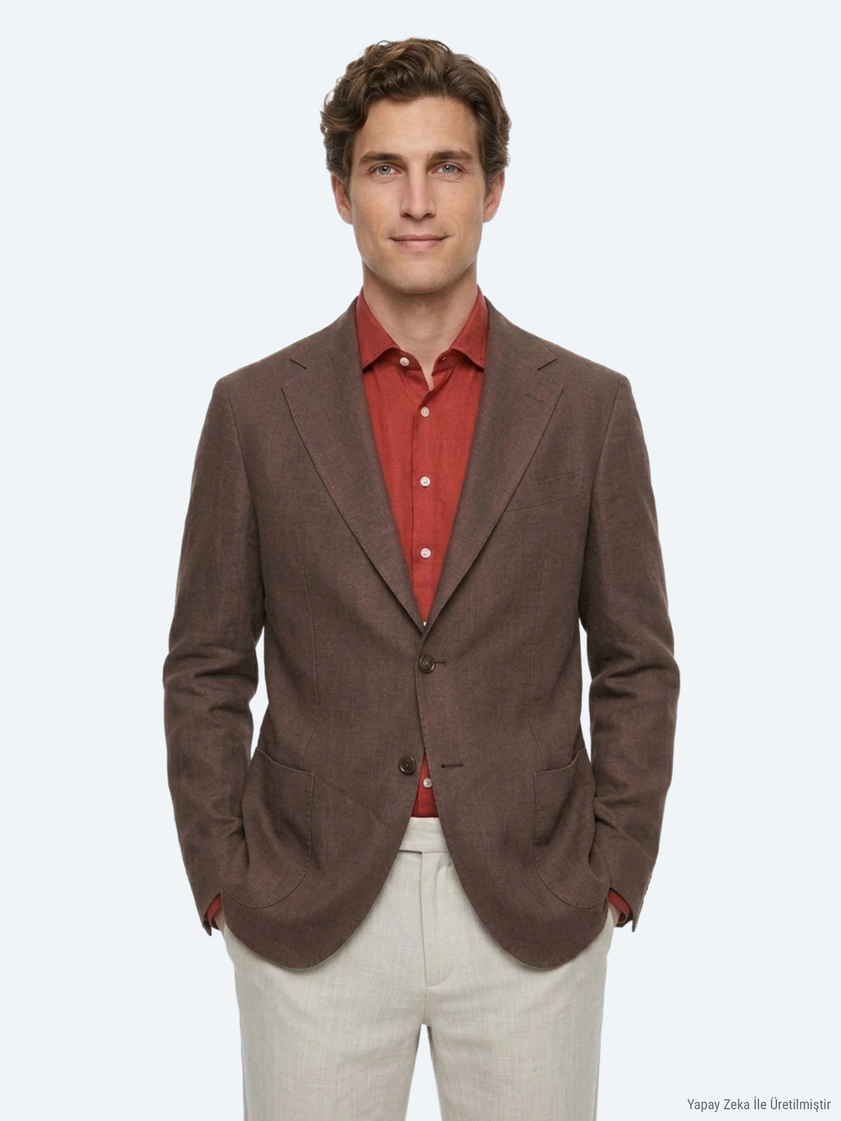 Kahverengi Düz Modern Fit %100 Keten Ceket