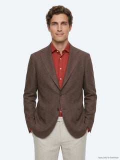 Kahverengi Düz Modern Fit %100 Keten Ceket