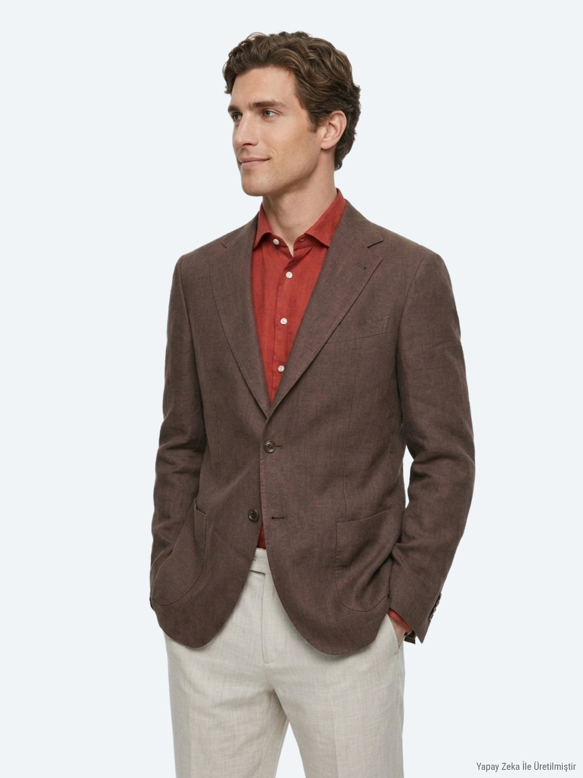 Kahverengi Düz Modern Fit %100 Keten Ceket