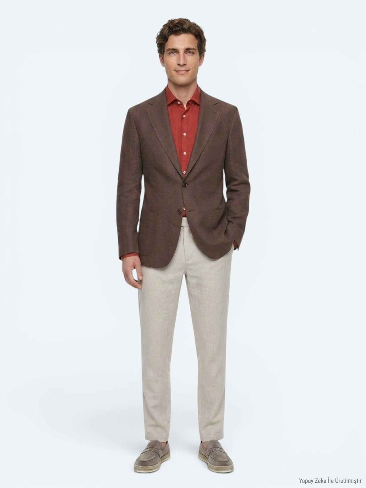 Kahverengi Düz Modern Fit %100 Keten Ceket
