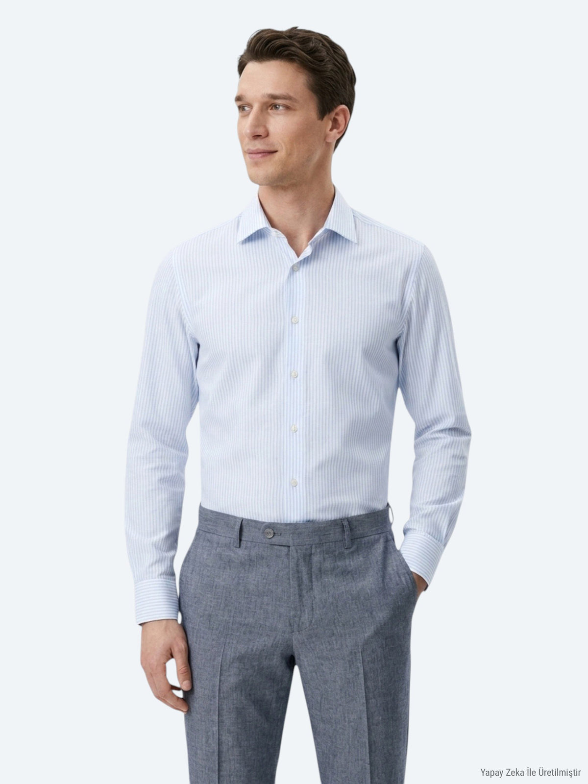 Açık Mavi Çizgili Regular Fit Uzun Dokuma Casual Pamuk Karışımlı Gömlek