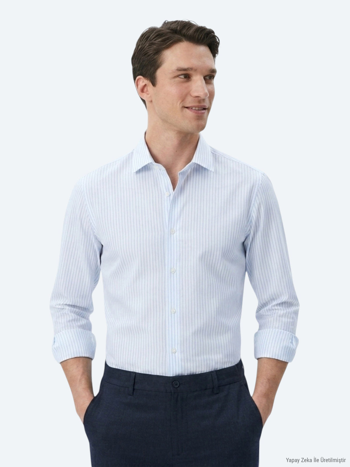 Açık Mavi Çizgili Regular Fit Uzun Dokuma Casual Pamuk Karışımlı Gömlek