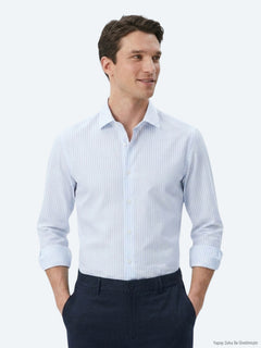 Açık Mavi Çizgili Regular Fit Uzun Dokuma Casual Pamuk Karışımlı Gömlek