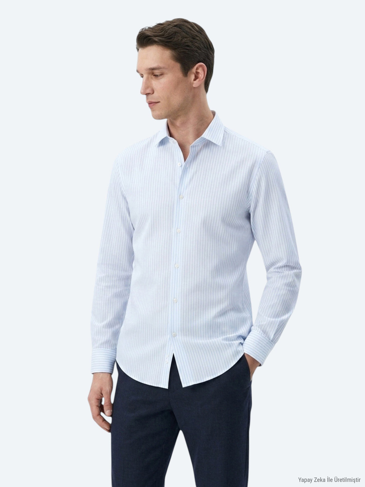 Açık Mavi Çizgili Regular Fit Uzun Dokuma Casual Pamuk Karışımlı Gömlek