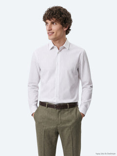 Haki Çizgili Regular Fit Uzun Dokuma Casual %100 Pamuk Gömlek