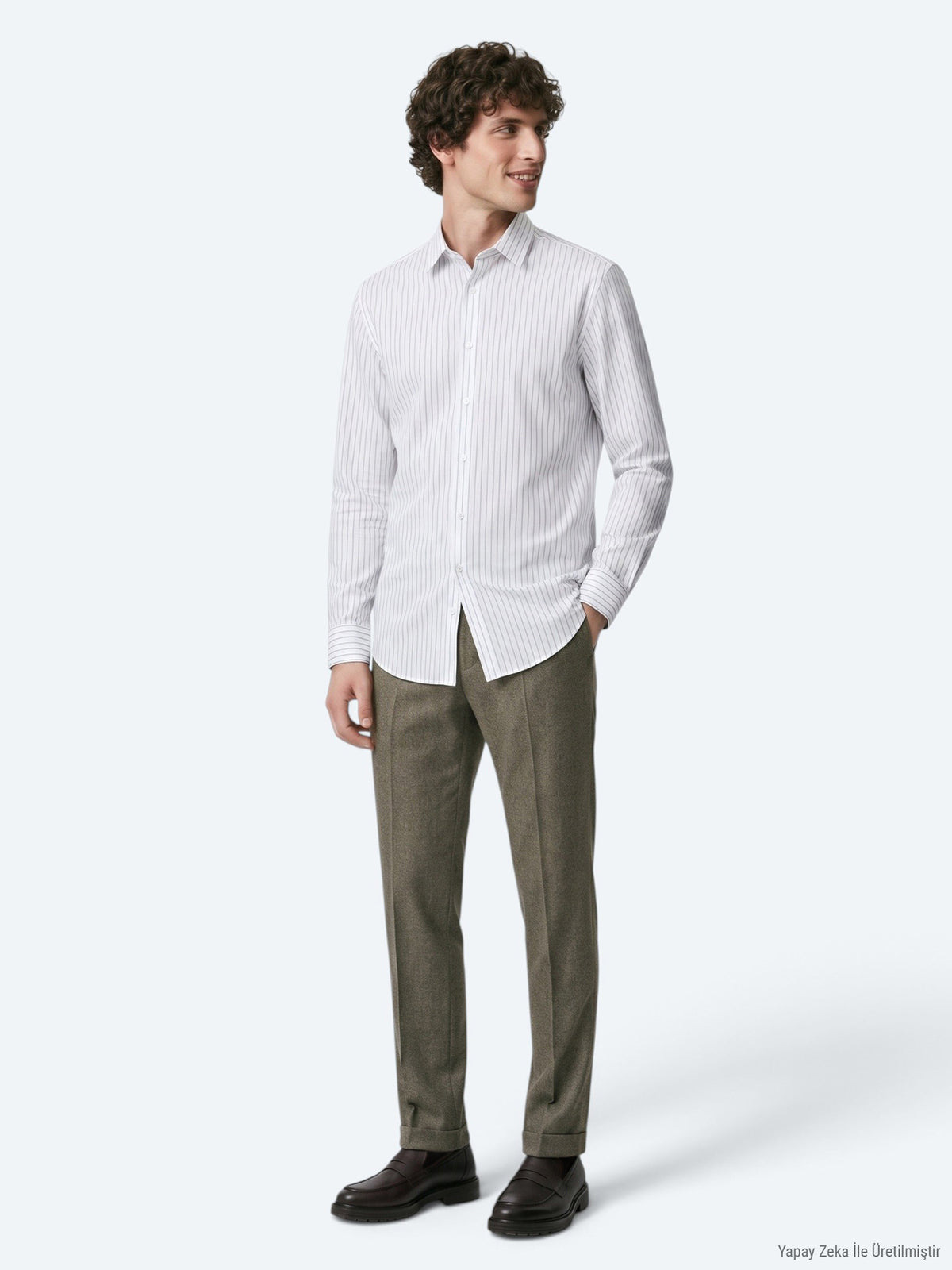 Haki Çizgili Regular Fit Uzun Dokuma Casual %100 Pamuk Gömlek