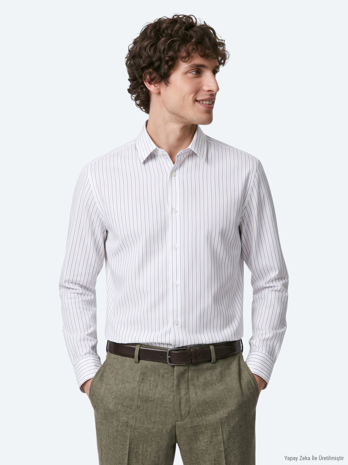 Haki Çizgili Regular Fit Uzun Dokuma Casual %100 Pamuk Gömlek