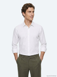 Beyaz Çizgili Regular Fit Uzun Dokuma Casual %100 Pamuk Gömlek