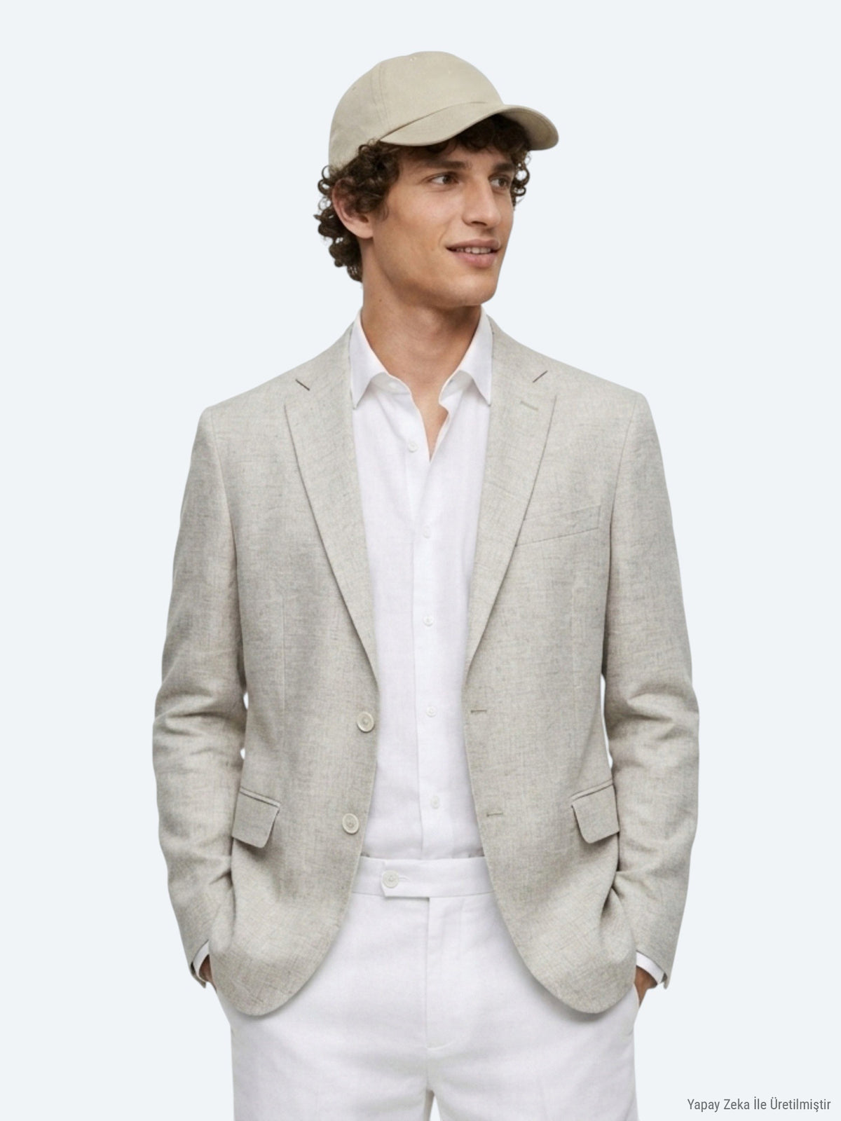 Bej Desenli Modern Fit Keten Karışımlı Ceket