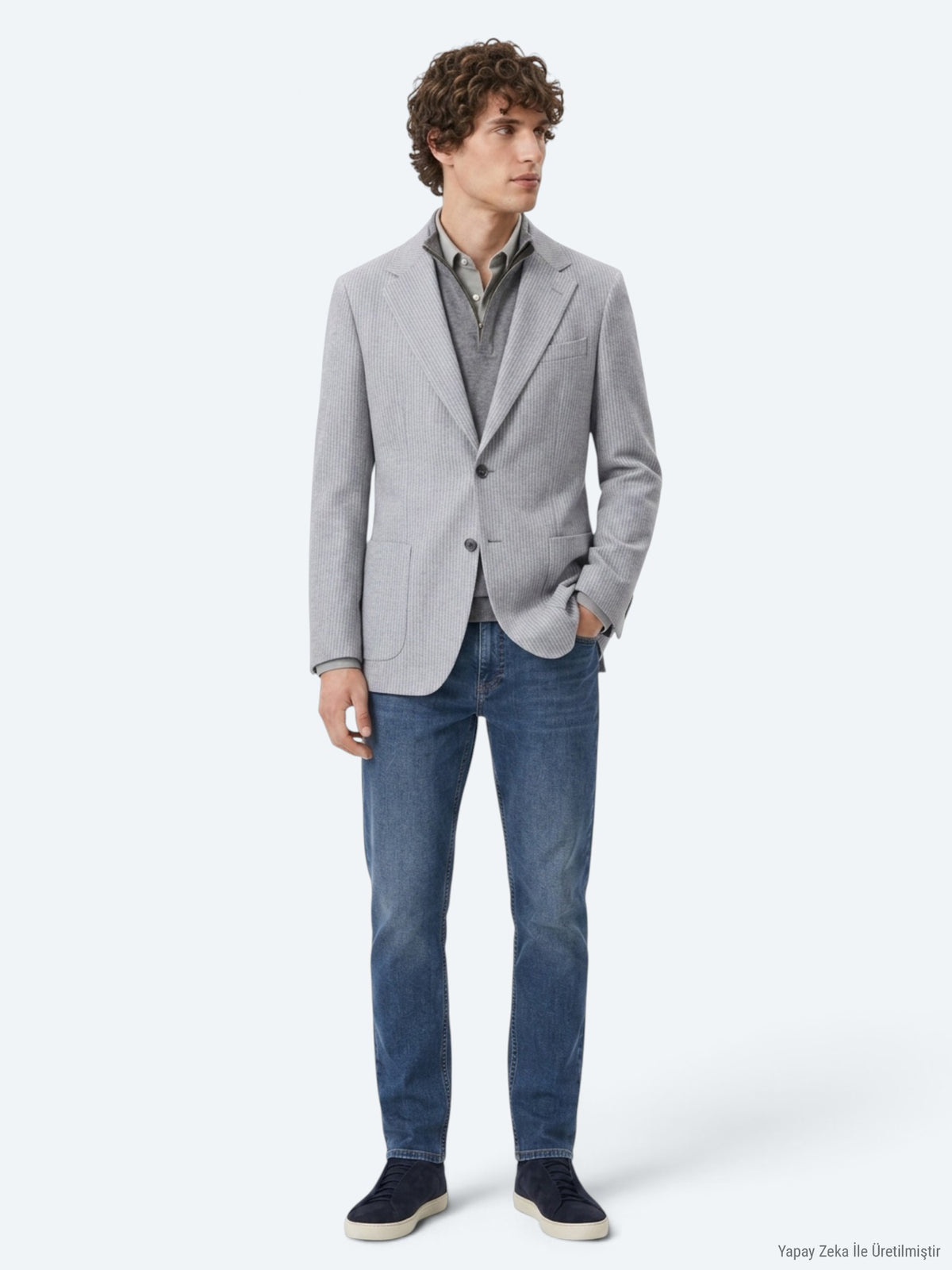 Haki Çizgili Modern Fit Yün Karışımlı Ceket