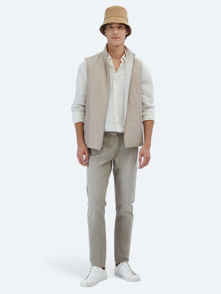 Açık Bej Regular Fit Dik Yaka Casual Dokuma Spor Yelek - KİP