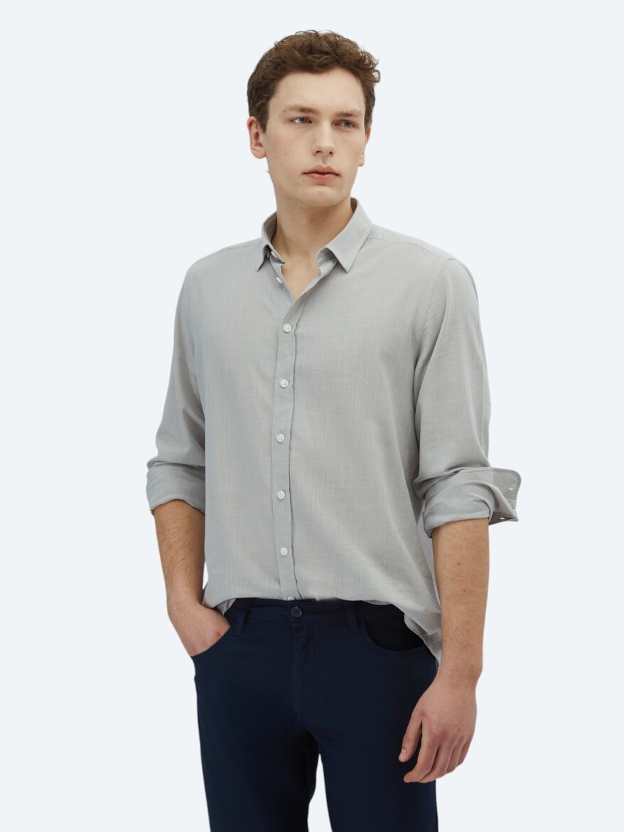 Açık Gri Düz Regular Fit Dokuma Casual %100 Pamuk Gömlek - KİP