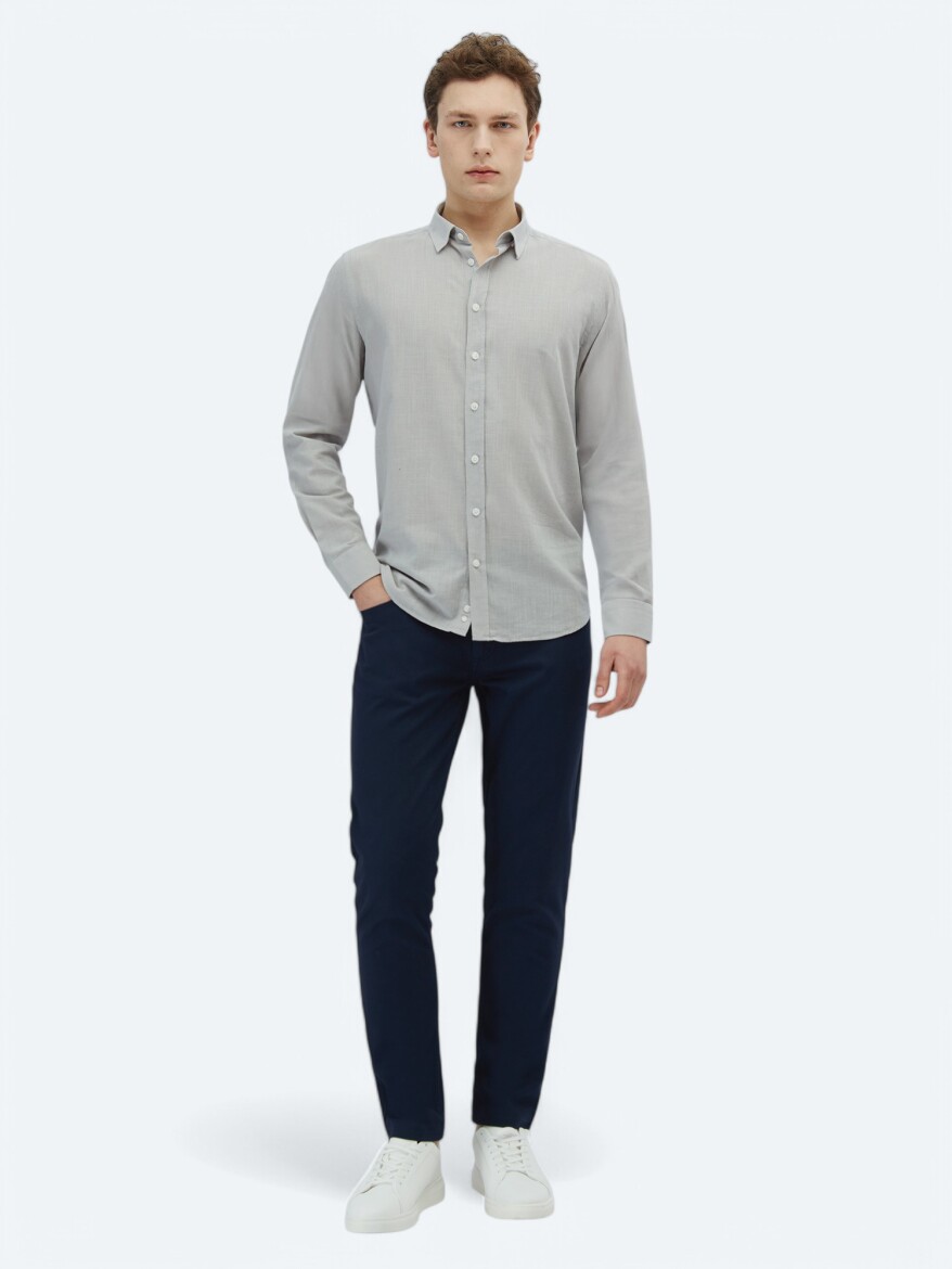 Açık Gri Düz Regular Fit Dokuma Casual %100 Pamuk Gömlek - KİP
